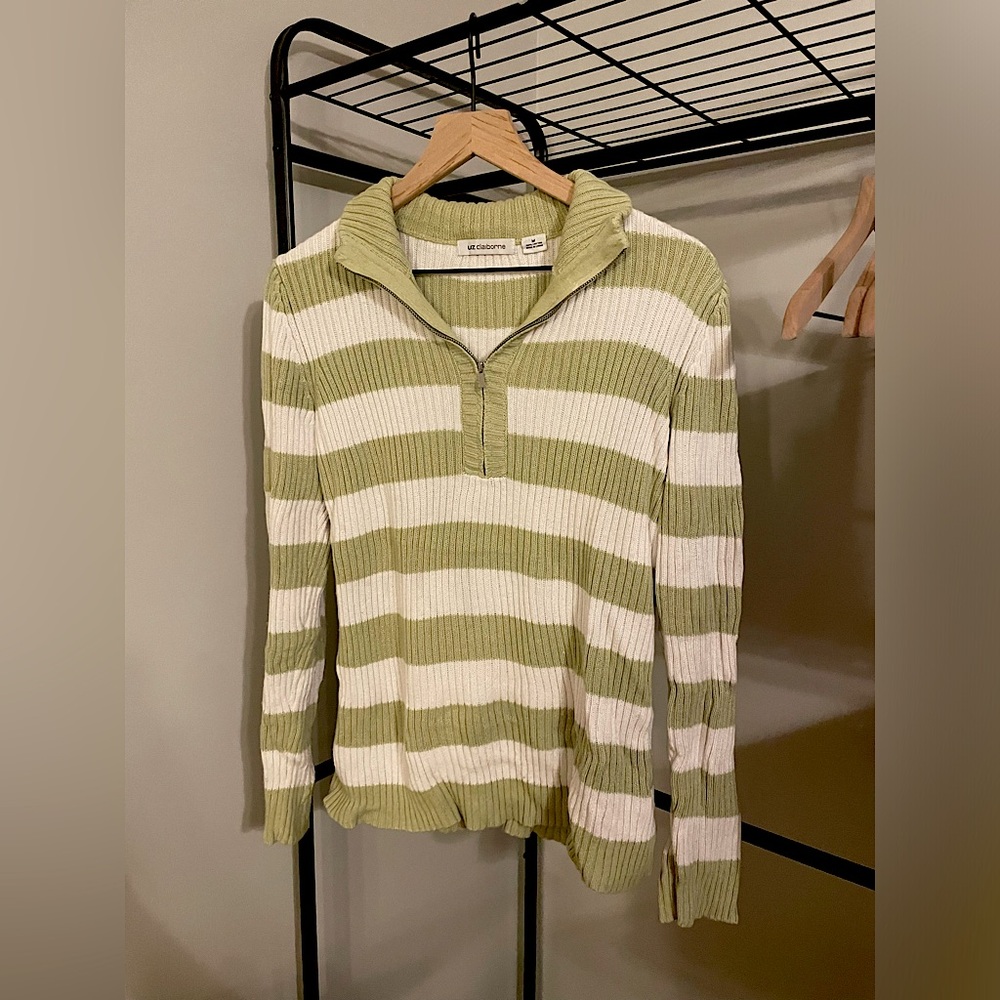 Vintage Liz Claiborne green and white stripped quarter zip